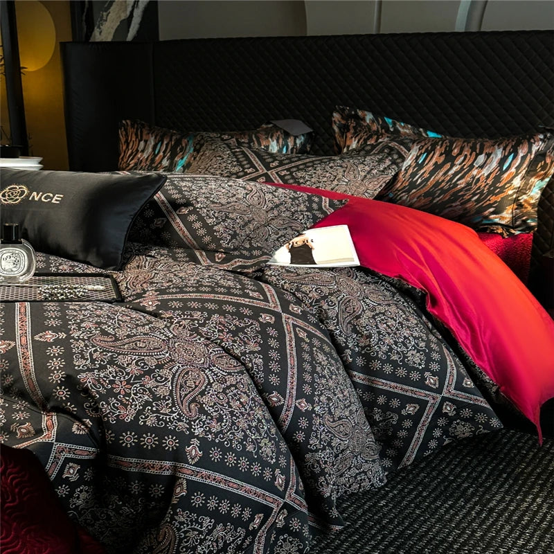 600TC Black Paisley Jacquard Bedding Set includes duvet cover, sheets and pillowcases