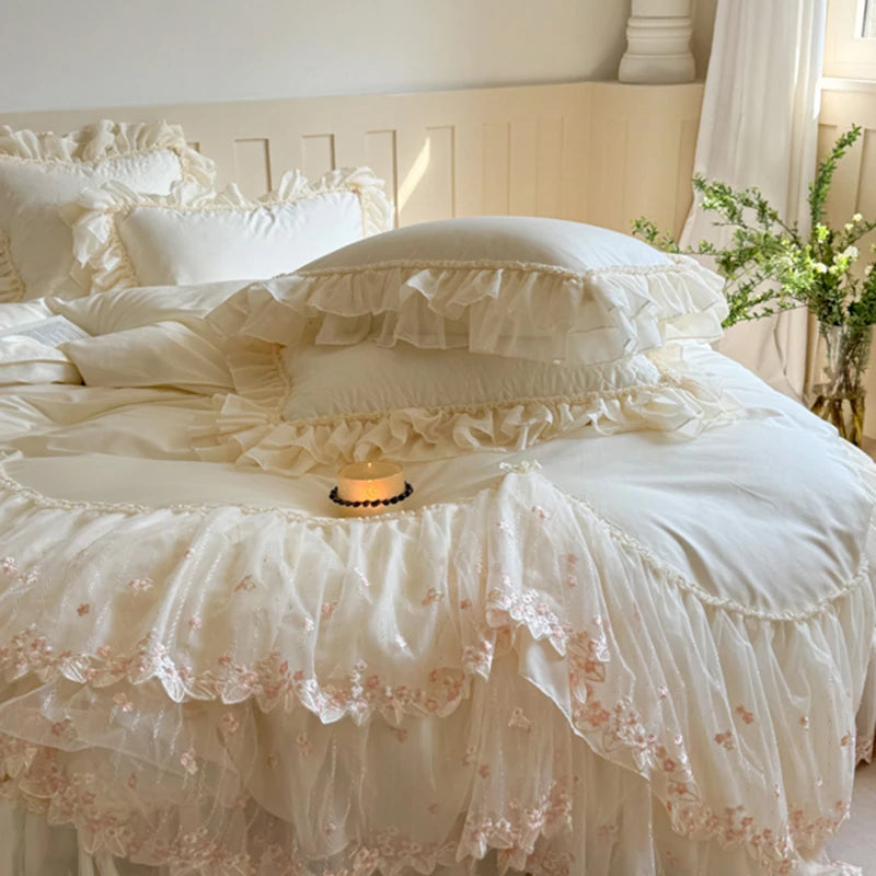 600TC Delicate princess style lace bedding set on a bed