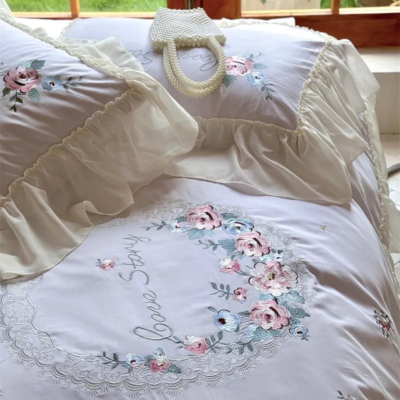 600TC Egyptian Cotton Duvet Cover Set with Floral Embroidered pillowcases and flat or fitted sheets