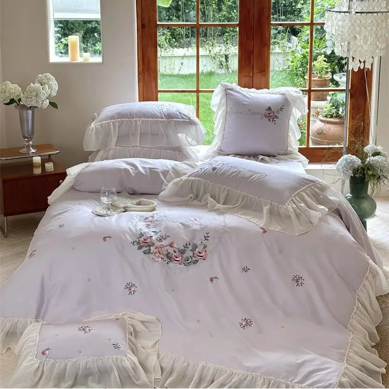 600TC Egyptian Cotton Floral Embroidered Duvet Cover Set - Lilac