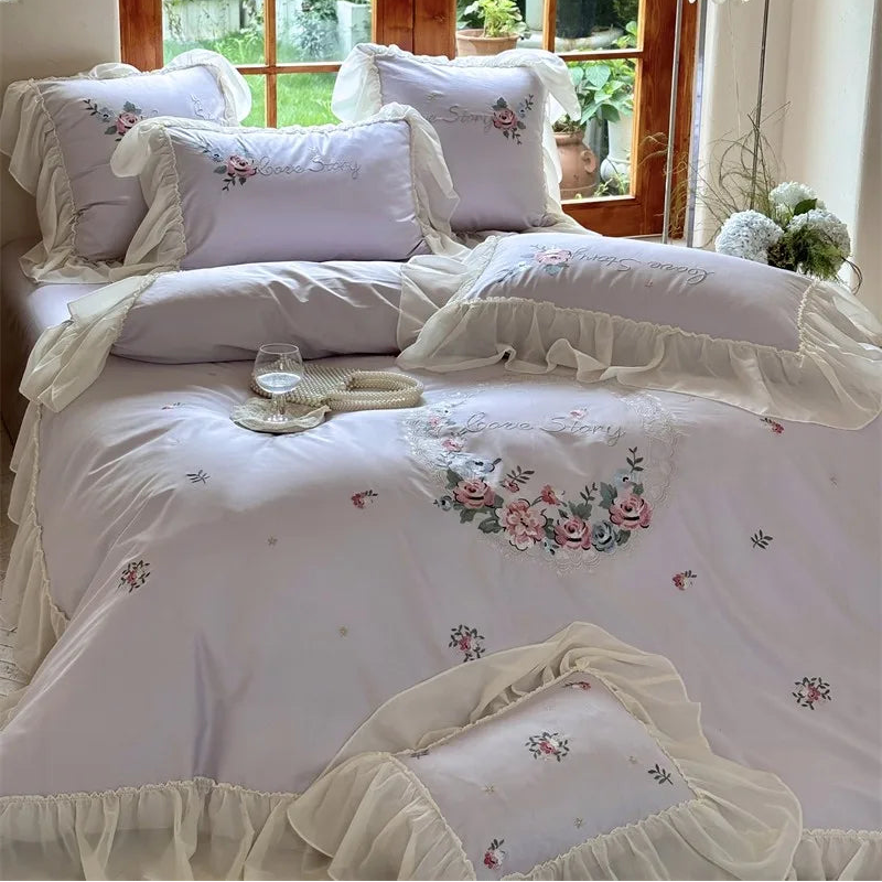 600TC Egyptian Cotton Floral Embroidered Duvet Cover Set with sheets and pillowcases