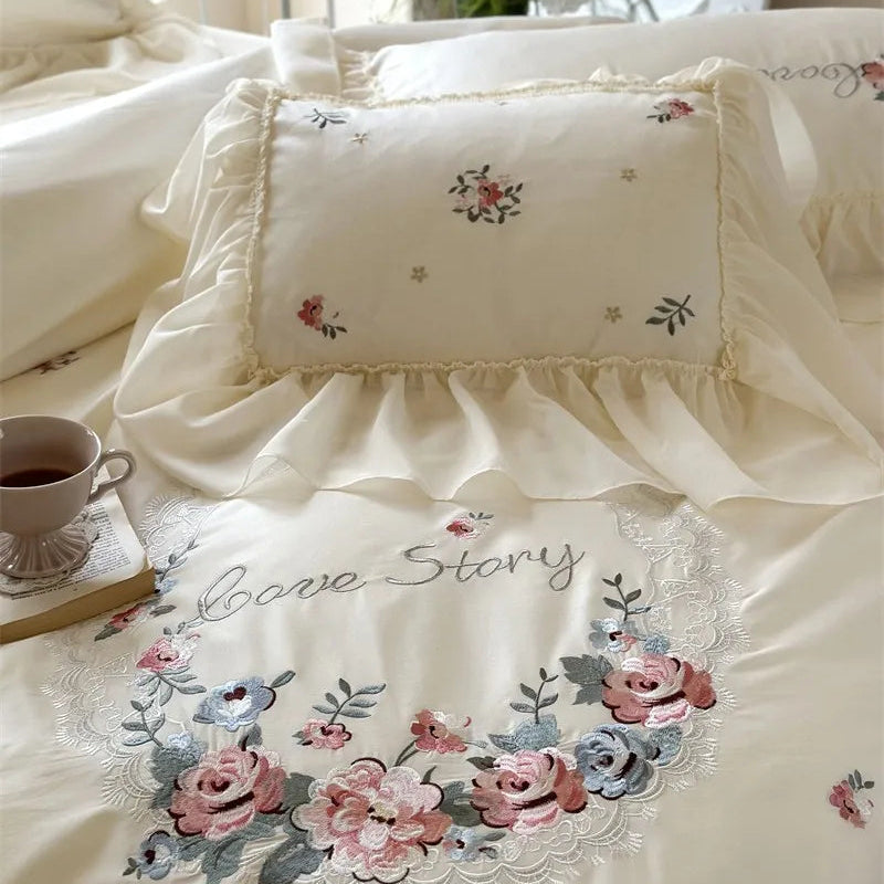 600TC Egyptian Cotton Floral Embroidered Duvet Cover with sheets and pillowcases