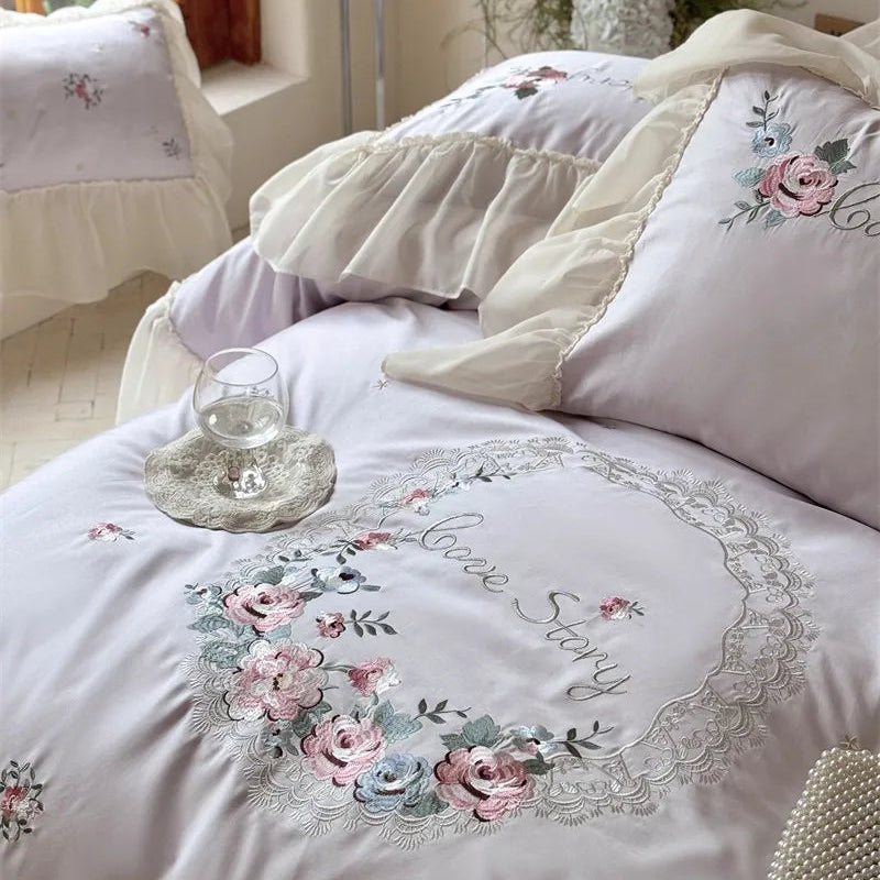600TC Egyptian Cotton Floral Embroidered Lilac bedding set with flat or fitted sheets