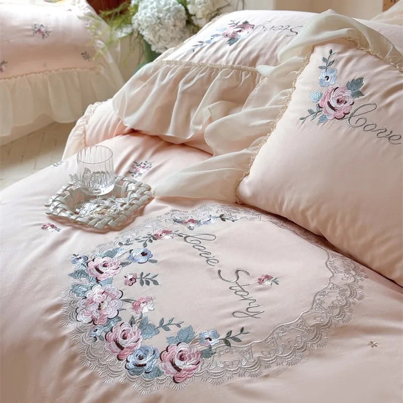 600TC Egyptian Cotton Floral Embroidered Pink Duvet Cover Set The Happy Ladies