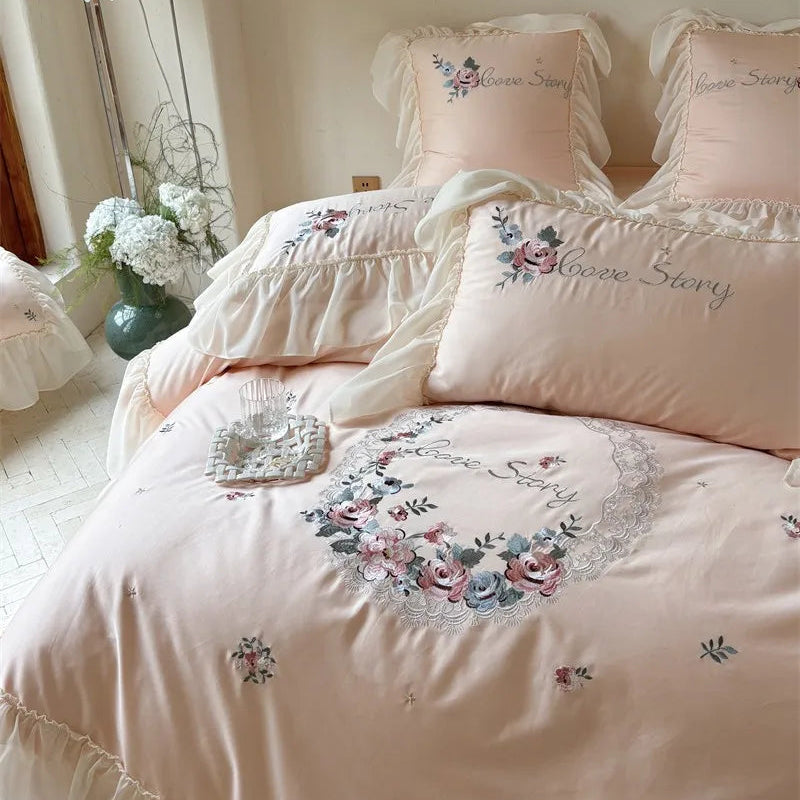 600TC Egyptian Cotton Floral Embroidered Pink Duvet Cover Set with flat or fitted sheets
