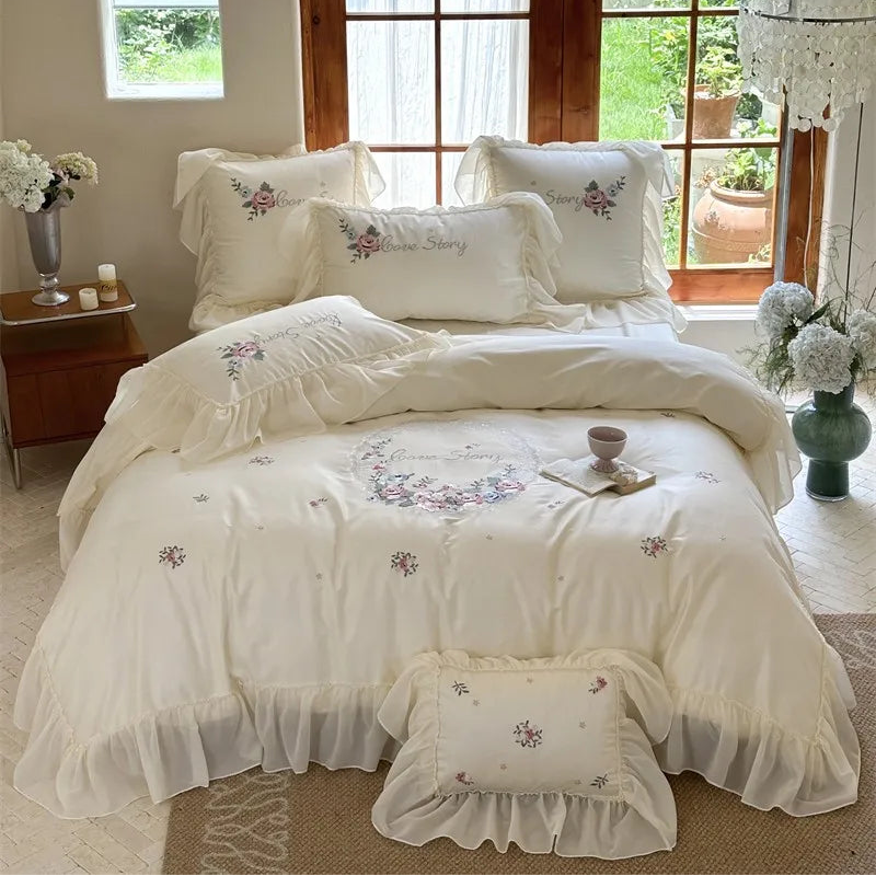 600TC Egyptian Cotton Floral Embroidered Ruffled Duvet Cover Set