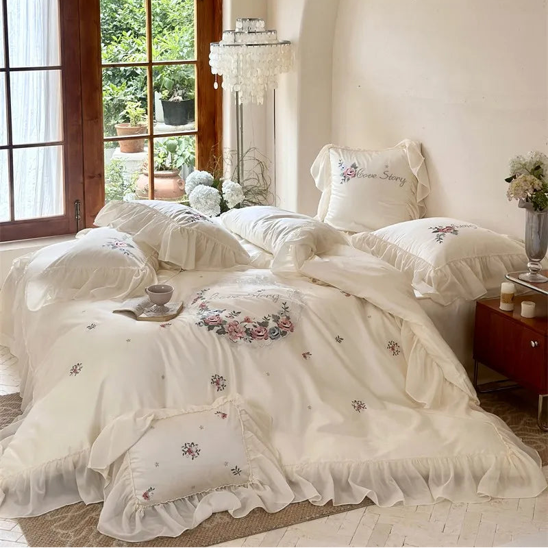 600TC Egyptian Cotton Floral Pink and green Embroidered Duvet Cover Set