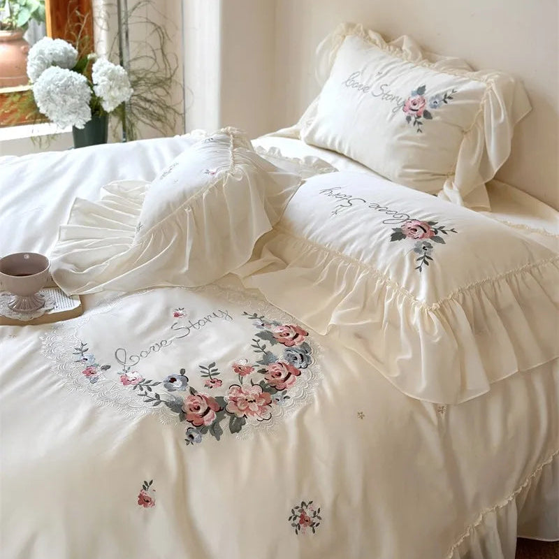 600TC Egyptian Cotton Floral Pink and green Embroidered Duvet Cover Set with sheets and pillowcases