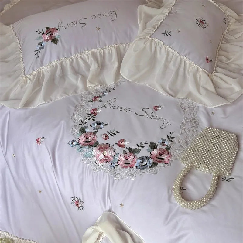 600TC Egyptian Cotton Ruffled Floral Embroidered Duvet Cover Set The Happy Ladies