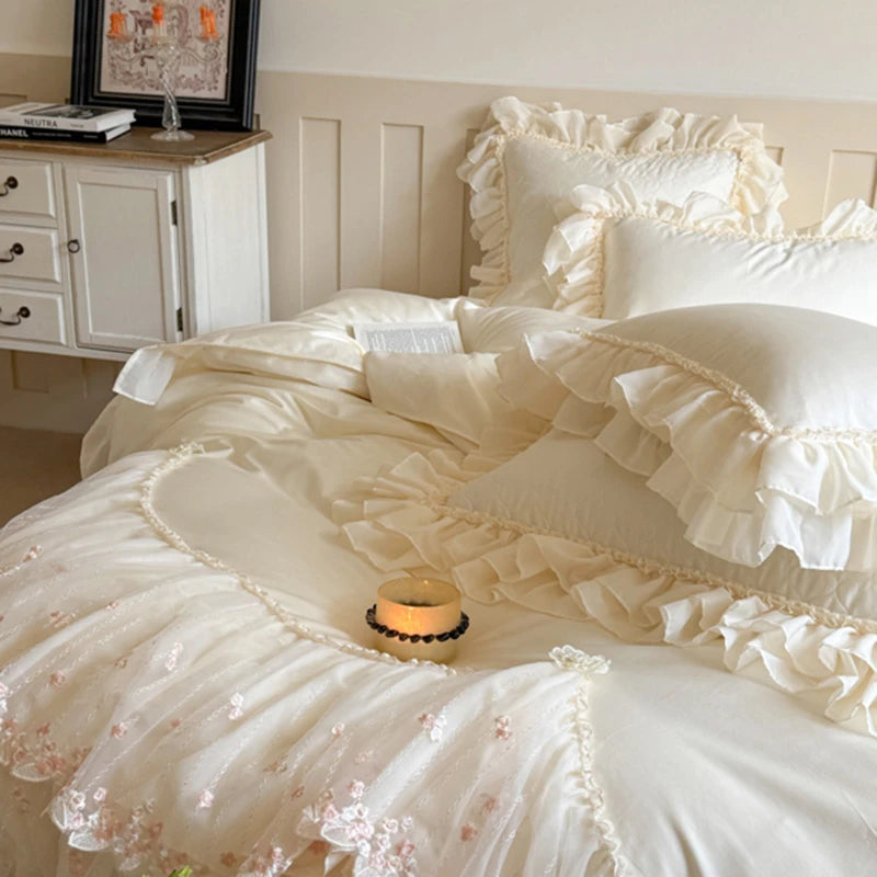 600TC Egyptian cotton Delicate white ruffled bedding set in a bedroom setting.