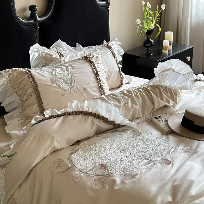 600TC French Romantic Ruffle floral Embroidery Bedding Set includes duvet cover, flat or fitted sheet and pillowcases