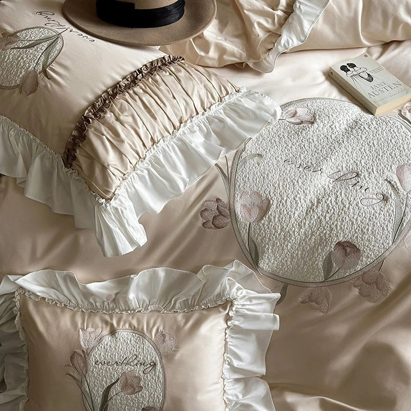 600TC French Romantic Ruffle floral Embroidery Bedding Set includes duvet cover, sheet and pillowcases