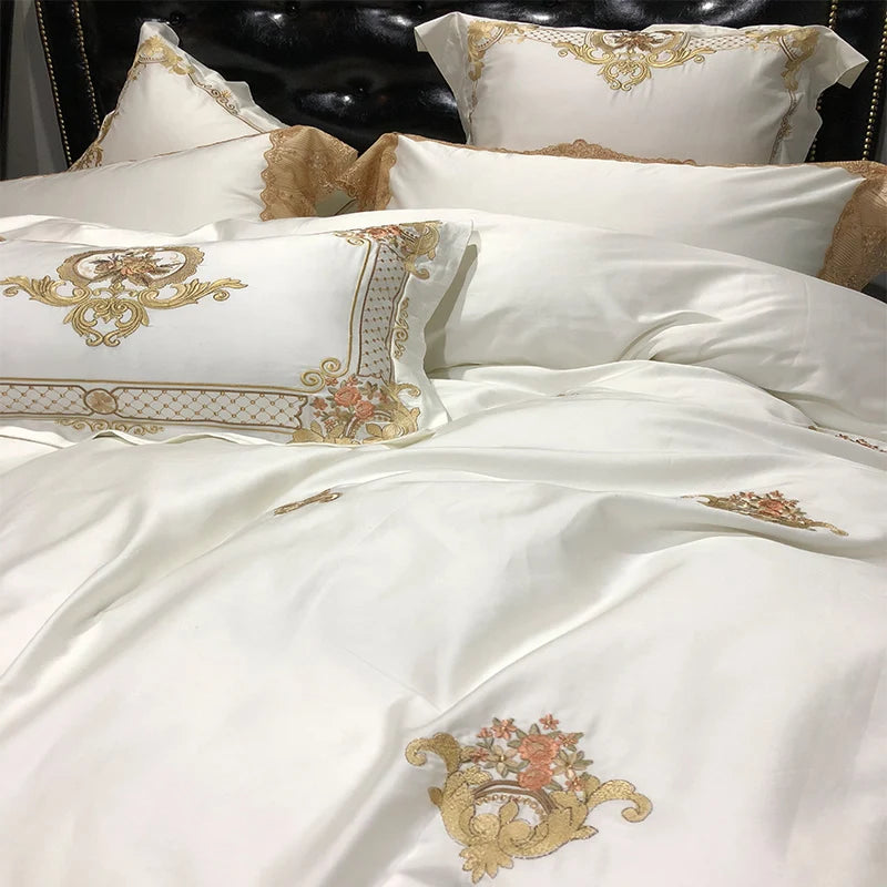 600TC Luxurious Embroidered Cotton Ruffle Luxury Bedding Set 