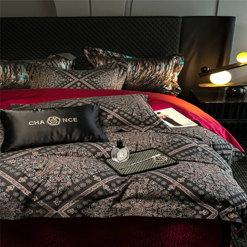 600TC Luxury Black Paisley Jacquard Bedding Set includes duvet cover, flat and fitted sheets and pillowcases
