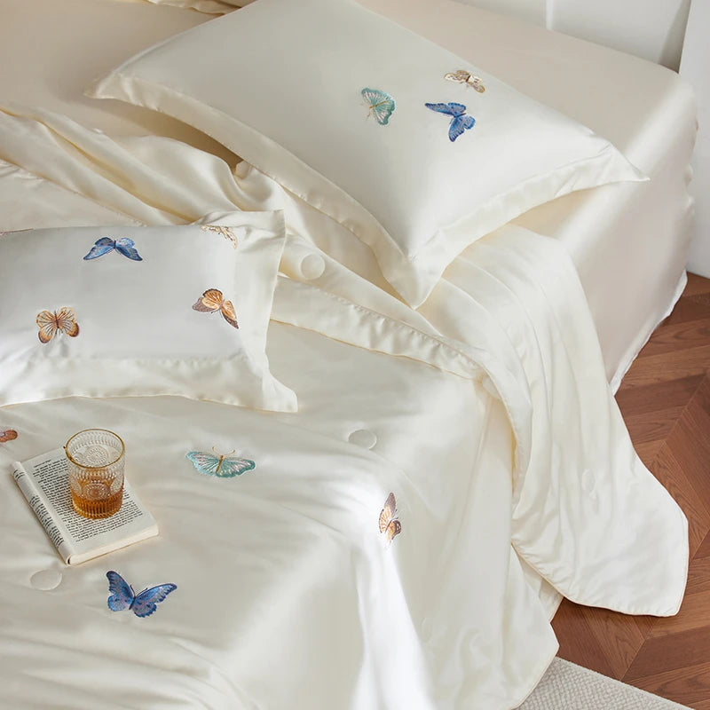 600TC Lyocell Cooling Butterfly Embroidery Bedding Set includes duvet cover, flat sheet and pillowcases