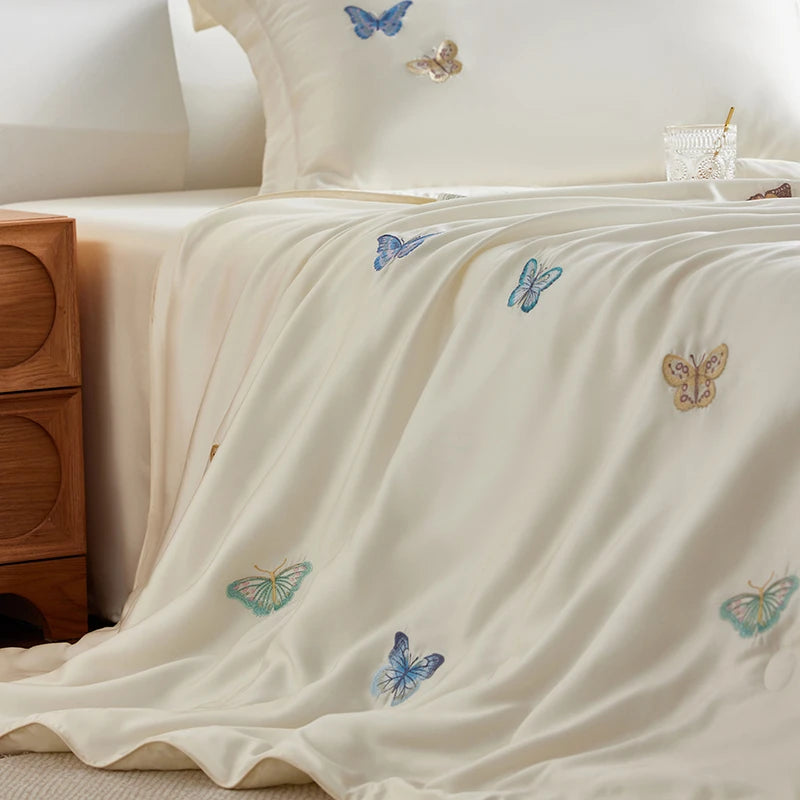 600TC Lyocell Cooling Butterfly Embroidery Bedding Set includes duvet cover, sheet and pillowcases
