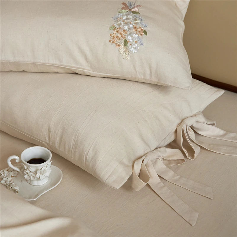 600TC Natural Linen Cotton Blend Luxury Floral Embroidery White Bedding 