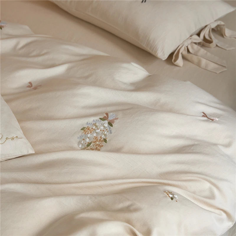 600TC Natural Linen Cotton Blend Luxury Floral Embroidery White Duvet cover set