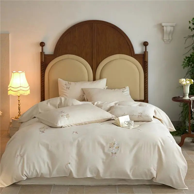 600TC Natural Linen Cotton Blend Luxury Soft Embroidery Bedding Set