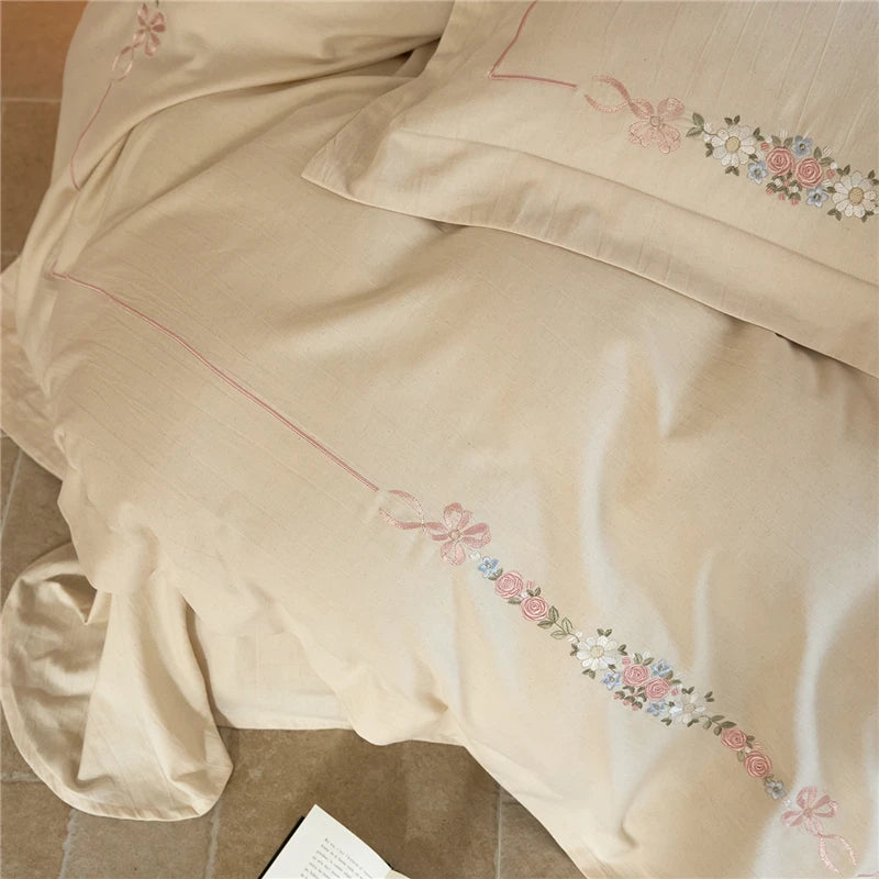 600TC Natural Linen Cotton Blend Luxury Soft floral Embroidery duvet cover set