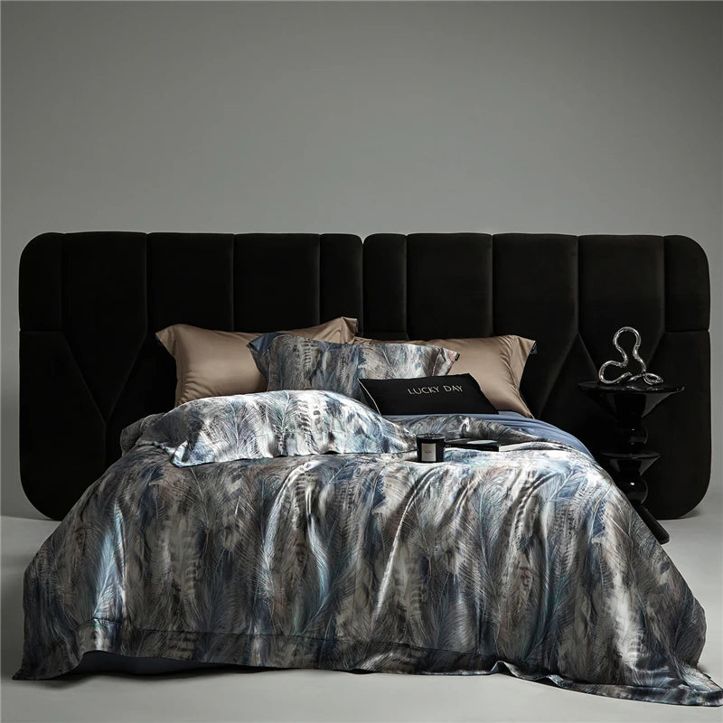 600TC Silk-Lyocell Blend Digital Print Bedding Set - Gray