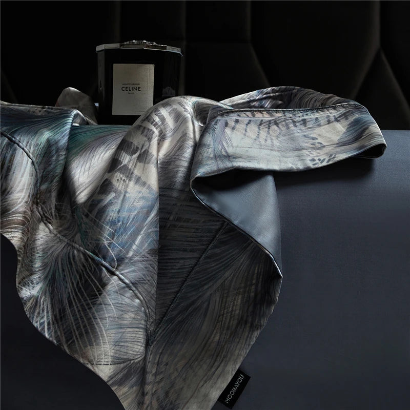 600TC Silk-Lyocell Blend Digital grey Floral Print bed flat or fitted sheet, duvet cover and pillowcases