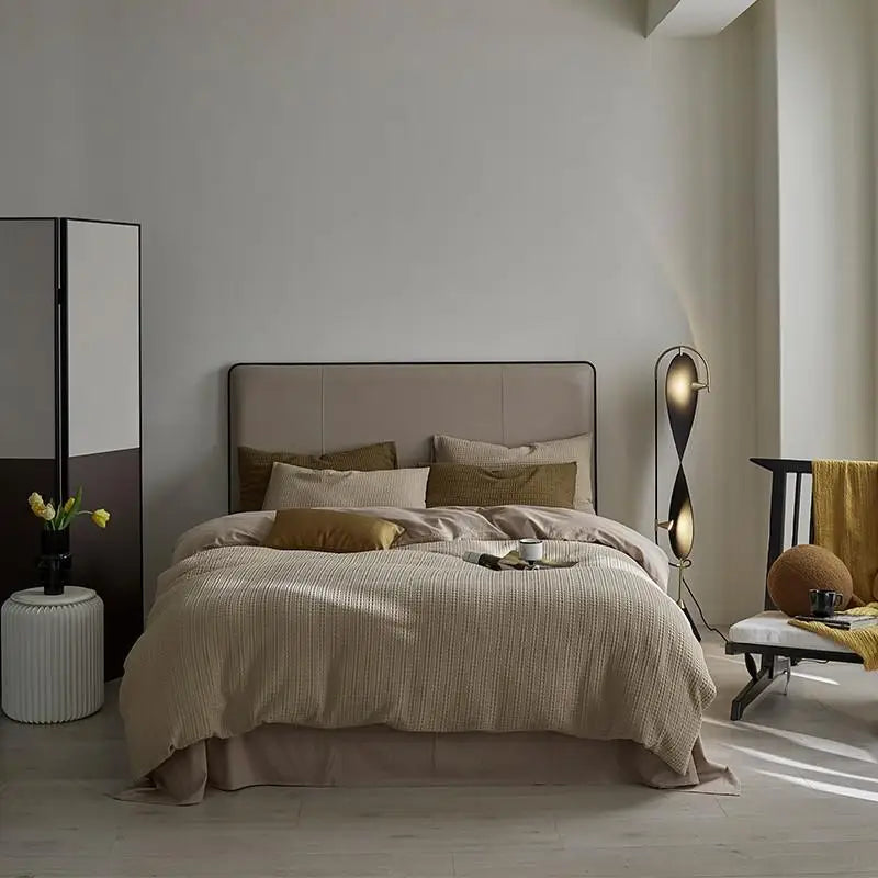 600TC Washed Cotton Waffle Weave Duvet Cover Bedding Set - Beige