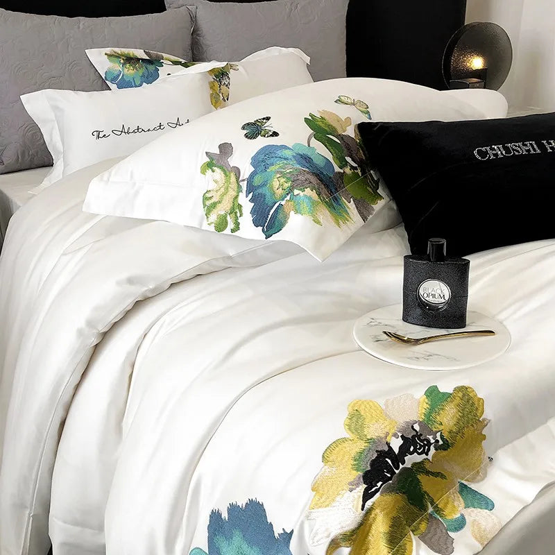 800TC Egyptian Cotton Floral White Duvet Cover Set