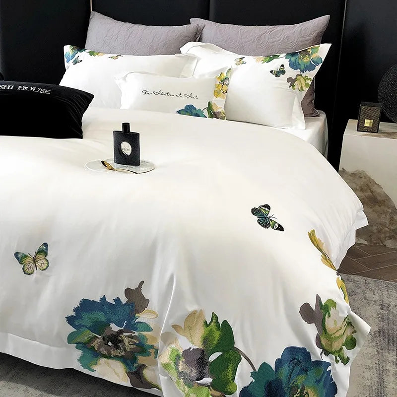 800TC Egyptian Cotton Floral White Duvet Cover Set in Queen and King size