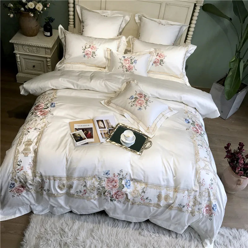 800TC Egyptian Cotton Luxury Embroidered duvet cover set includes Flat bed sheet, duvet cover and pillowcases