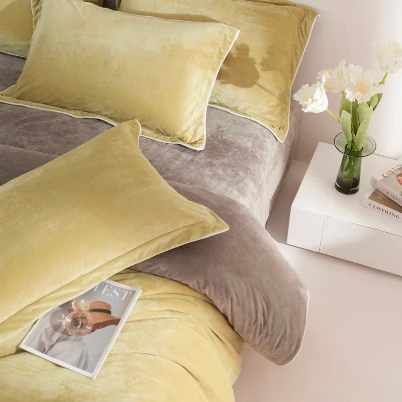 Bed with yellow pillows and gray comforter 500TC Reversible Fluffy Microfiber velvet textured bedding set