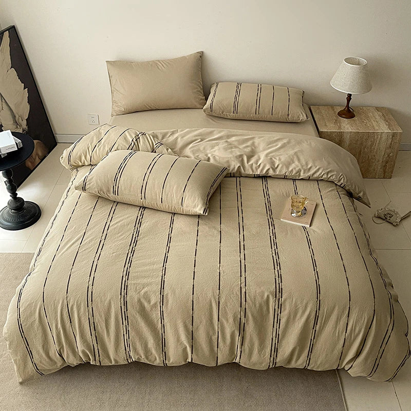 Beige 400TC Cotton Yarn-Dyed Stripe Bedding Set Duvet Cover 4Pcs