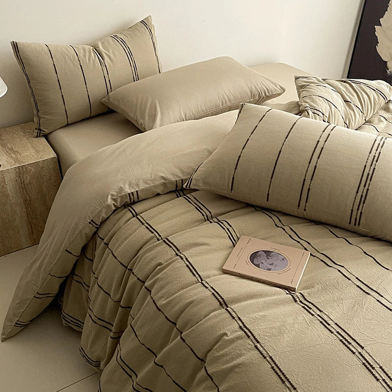 Beige 400TC Cotton Yarn-Dyed Stripe Bedding Set available in Queen, King, Twin, Double and Family sizes