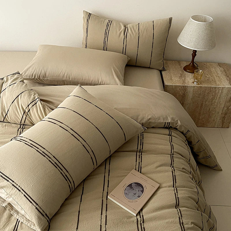 Beige 400TC Cotton Yarn-Dyed Stripe Bedding Set with flat or fitted sheet