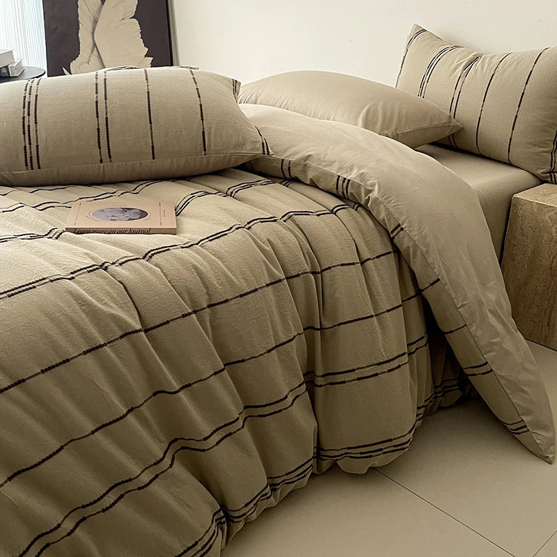 Beige 400TC Cotton Yarn-Dyed Stripe Bedding Set with sheets, duvet cover and pillowcases