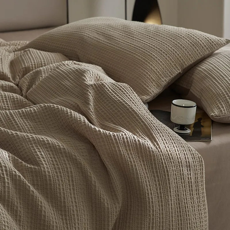 Beige 600TC Washed Cotton Waffle Weave Duvet Cover Bedding Set includes flat or fitted sheets, duvet cover and pillowcases
