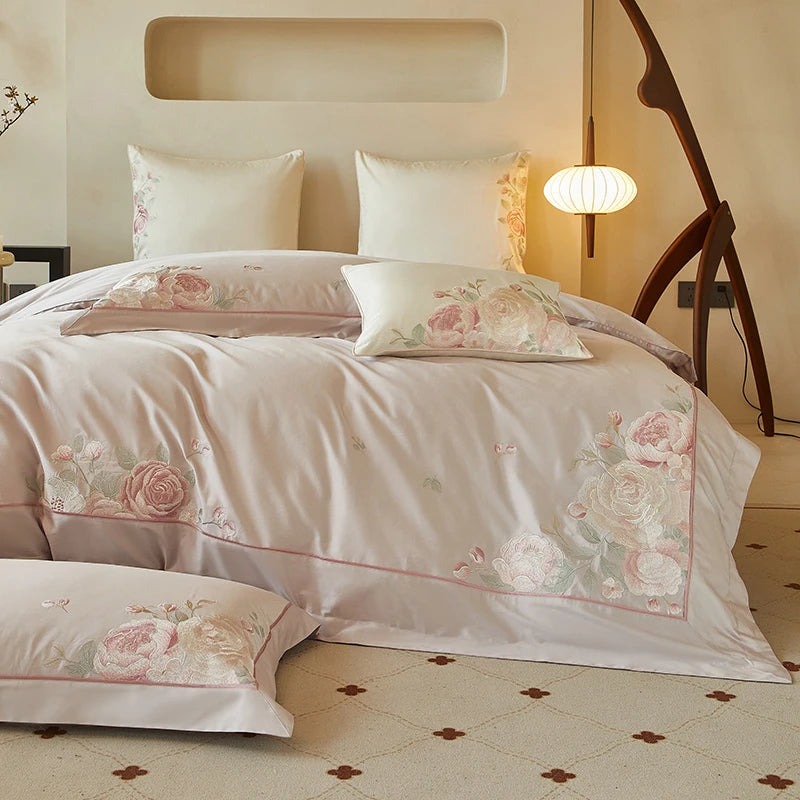 Beige Floral Embroidery 600TC Cotton Duvet Cover Set available in King, Double and Queen size bedding set