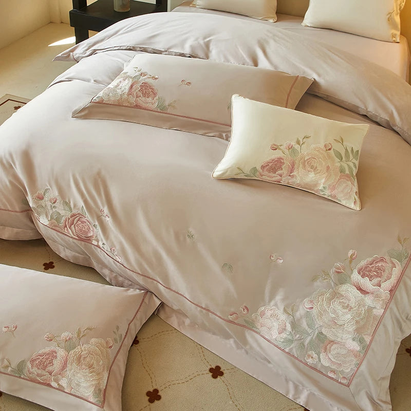 Beige Floral Embroidery 600TC Cotton Duvet Cover Set includes embroidered duvet cover set, sheets and pillowcases