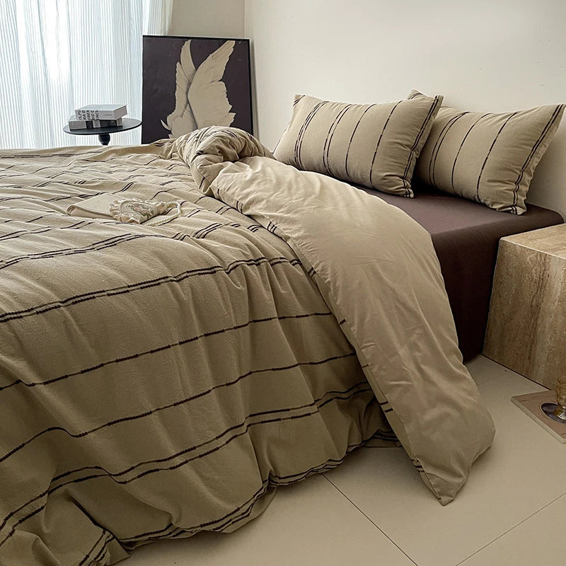 Beige and coffee 400TC Cotton Yarn-Dyed Stripe Bedding Set with flat or fitted bedding set