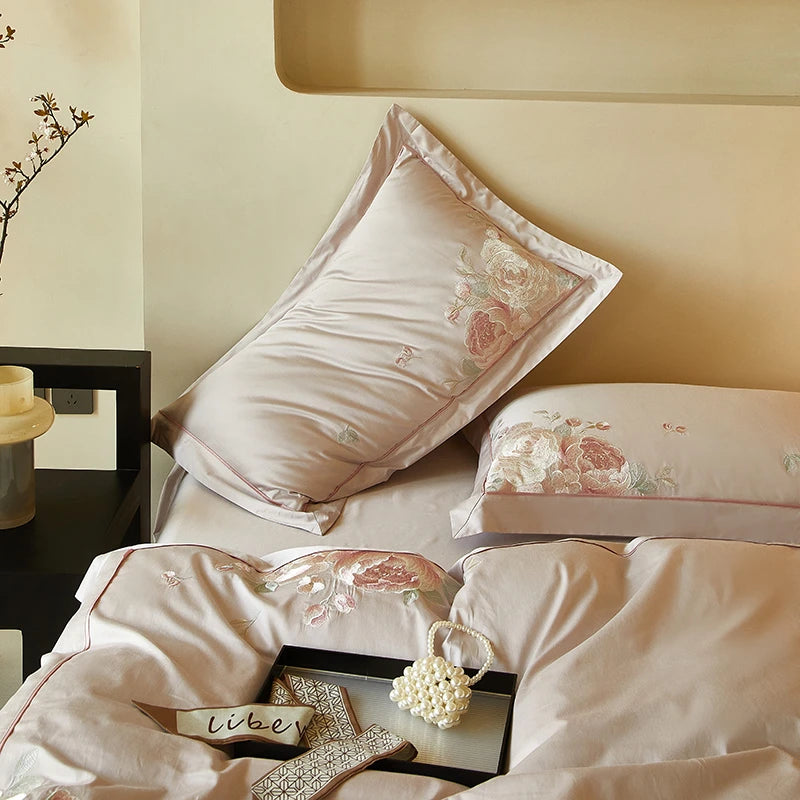 Beige brown Floral Embroidery 600TC Cotton Duvet Cover Bedding set with floral embroidered pillowcases