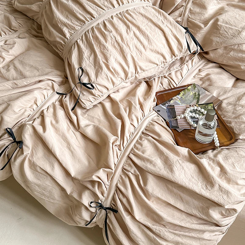 Beige pleated bedding set 