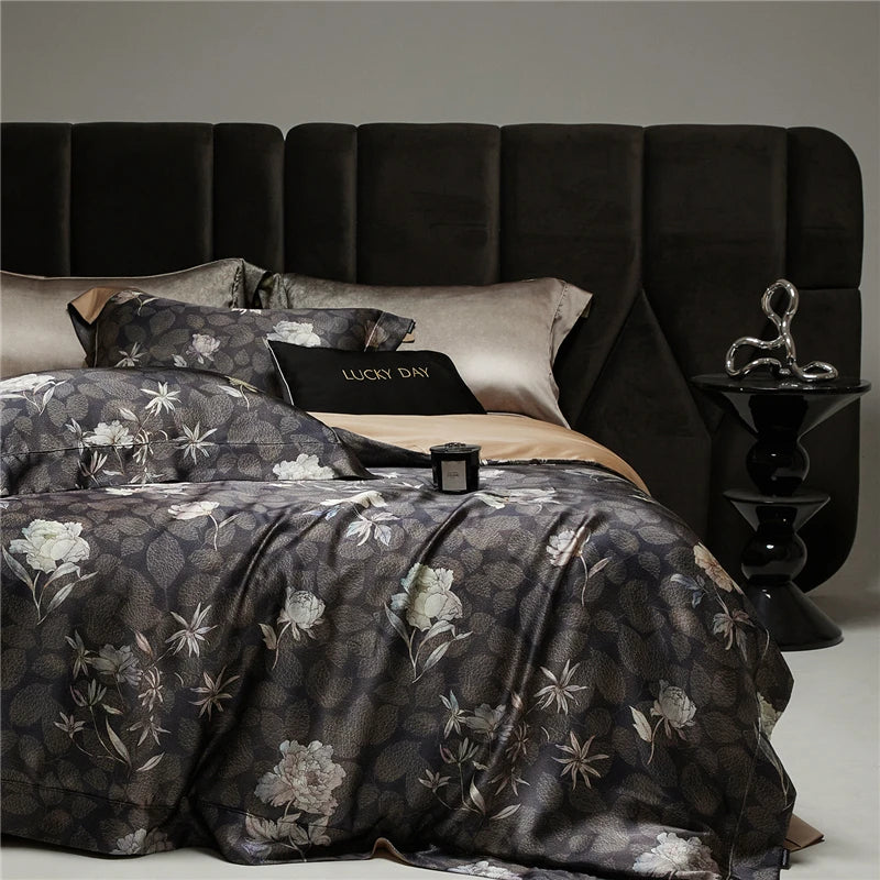 Black 600TC Silk-Lyocell Blend Digital Print Bedding Set