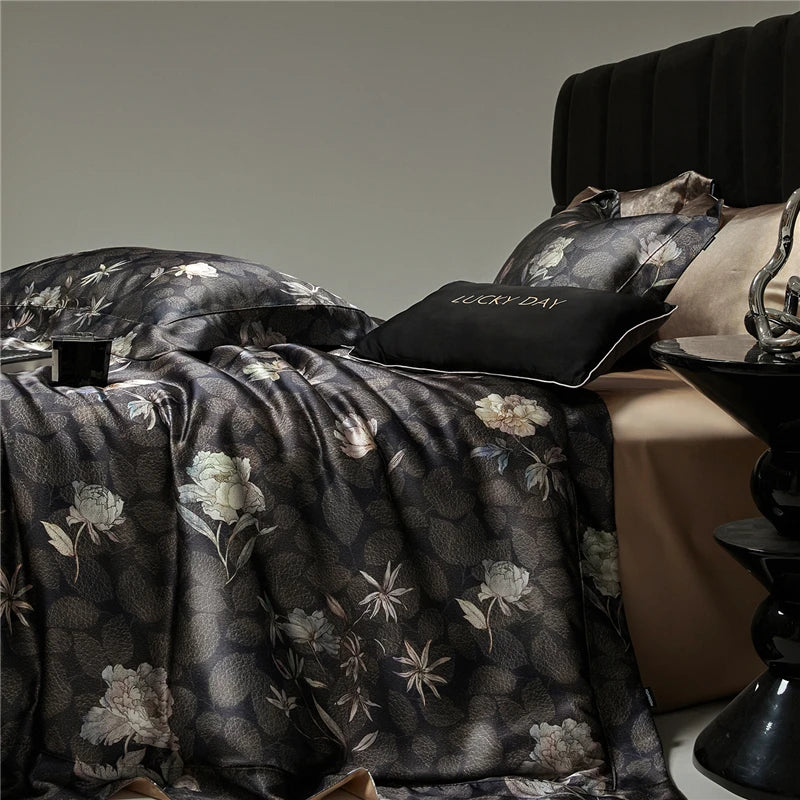 Black 600TC Silk-Lyocell Blend Digital Print Bedding Set includes duvet cover, flat or fitted sheets and pillowcases