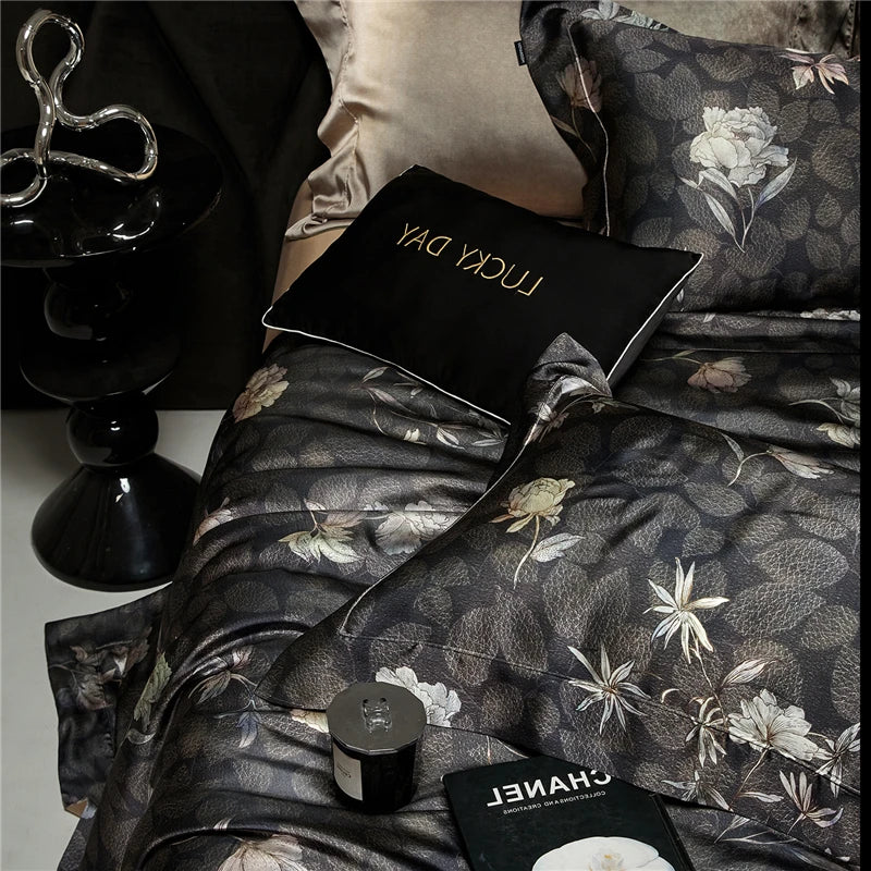 Black floral digital print silk and lyocell 600TC  bedding set