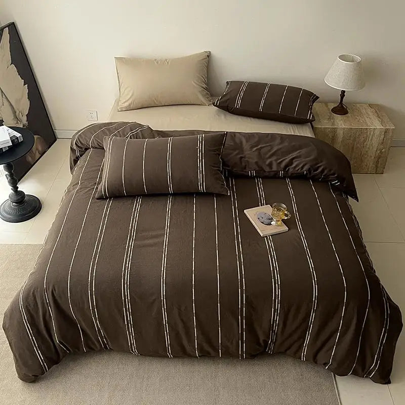 Brown and Beige 400TC Cotton Yarn-Dyed Stripe Bedding Set Duvet Cover 4Pcs