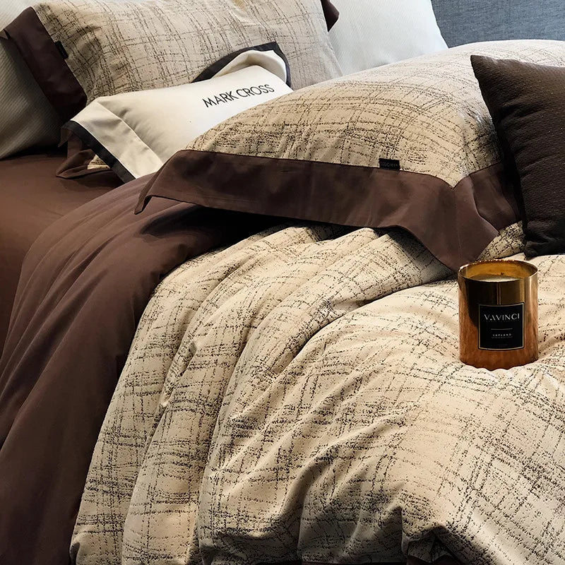 Brown and Beige Luxury Ripple Cotton Fluffy Bedding set with flat or fitted sheets