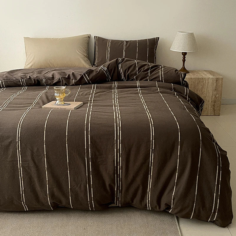 Brown with Beige sheet 400TC Cotton Yarn-Dyed Stripe Bedding Set Duvet Cover 4Pcs
