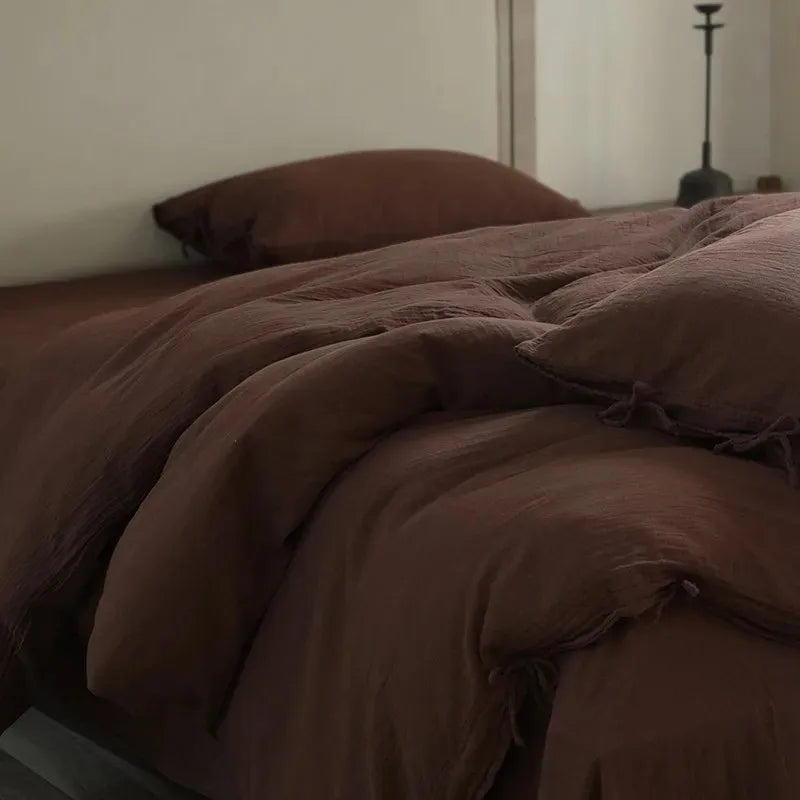 Chocolate Brown 600TC 100% Cotton Twill Wrinkled Yarn Bedding Set
