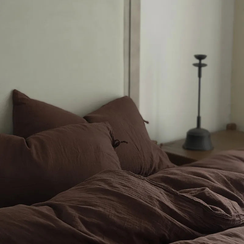 Chocolate Brown 600TC Cotton Twill Wrinkled Yarn Bedding Set at The Happy Ladies