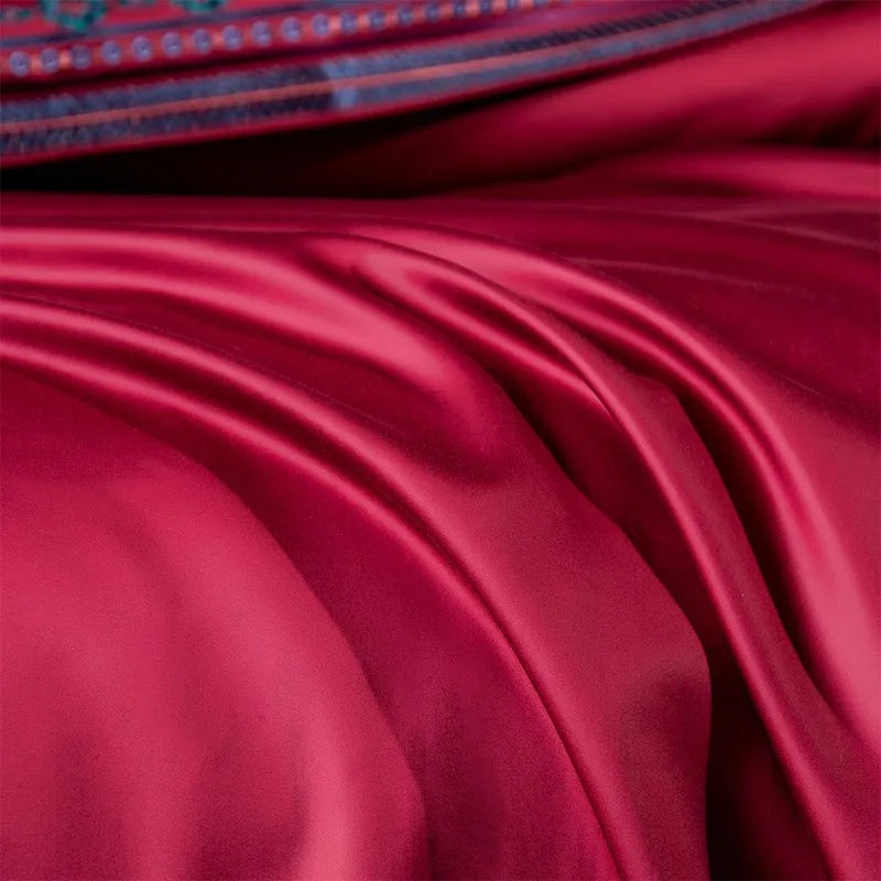 Close-up of red fabric with a subtle pattern